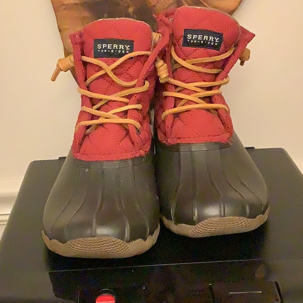 Sperry Quilted Burgundy Duck Boots with Black Sole